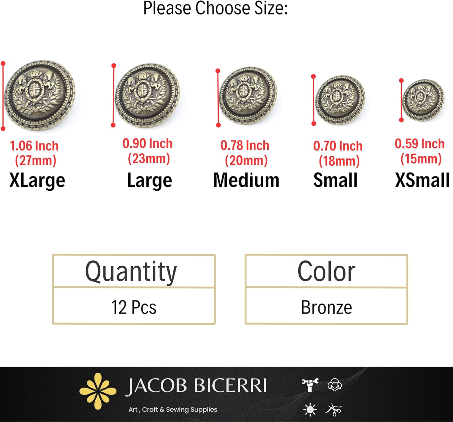 Bronze Metal Shank Buttons - 12 Pcs - 5 Size Options - Luxury Horse Round Wave Metal Shank Buttons for Men Women Blazer Coat Uniform Shirt Suit and Jacket Sewing Craft DIY N18104