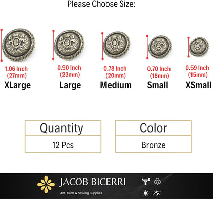 Bronze Metal Shank Buttons - 12 Pcs - 5 Size Options - Luxury Horse Round Wave Metal Shank Buttons for Men Women Blazer Coat Uniform Shirt Suit and Jacket Sewing Craft DIY N18104