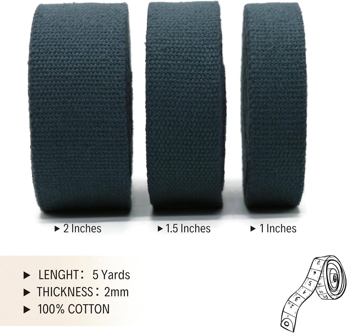 2" & 1.5'' & 1" Cotton Webbing - 5 Yards - 50+ Colors -%100 Natural Cotton - Turkish Woven - Heavy Duty 1 Inch 1.5 Inch 2 Inch Canvas Webbing for Sewing Straps Bags Climbing Indoors Craft DIY 11545…