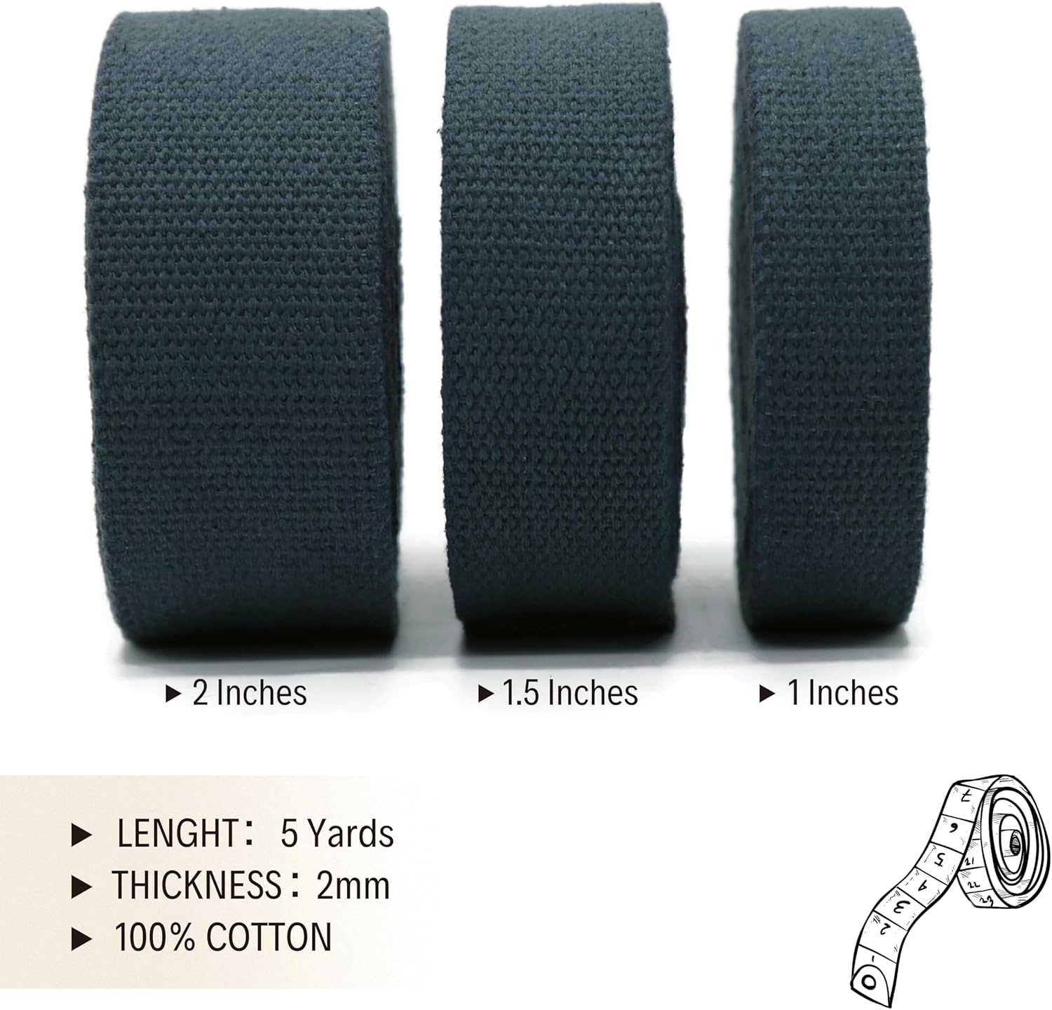 2" & 1.5'' & 1" Cotton Webbing - 5 Yards - 50+ Colors -%100 Natural Cotton - Turkish Woven - Heavy Duty 1 Inch 1.5 Inch 2 Inch Canvas Webbing for Sewing Straps Bags Climbing Indoors Craft DIY 11545…