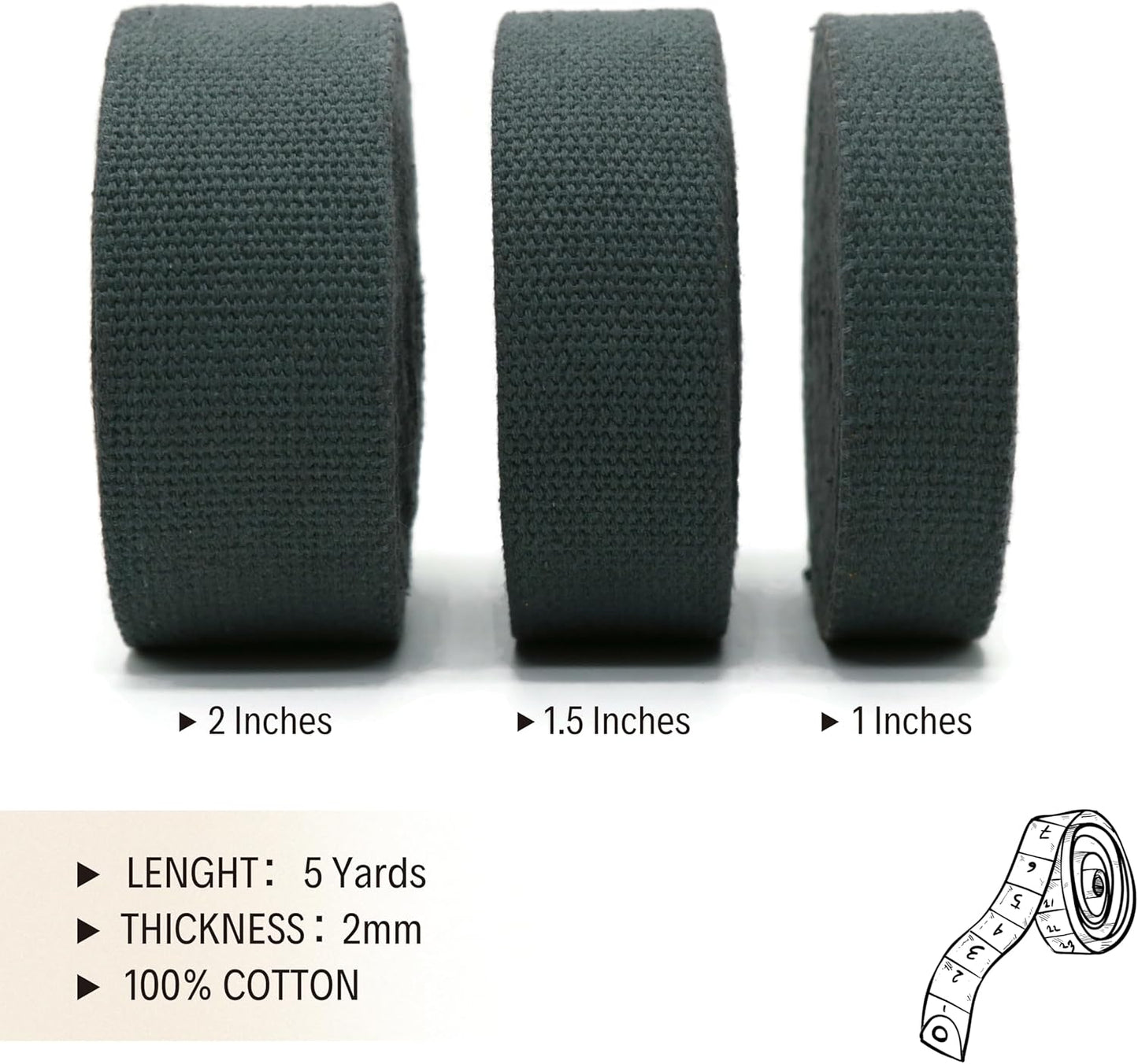 2" & 1.5'' & 1" Cotton Webbing - 5 Yards - 50+ Colors -%100 Natural Cotton - Turkish Woven - Heavy Duty 1 Inch 1.5 Inch 2 Inch Canvas Webbing for Sewing Straps Bags Climbing Indoors Craft DIY 11535…