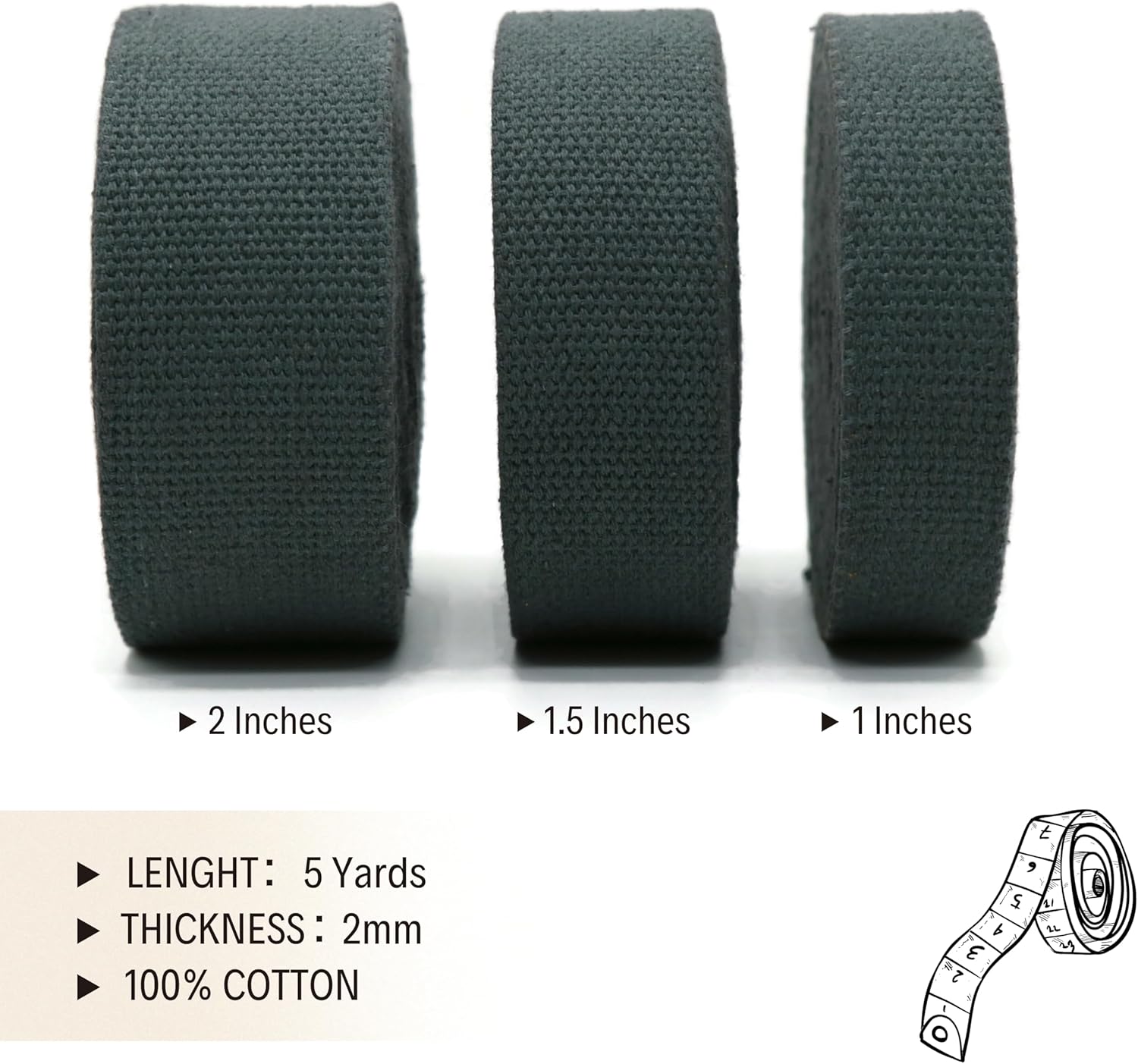 2" & 1.5'' & 1" Cotton Webbing - 5 Yards - 50+ Colors -%100 Natural Cotton - Turkish Woven - Heavy Duty 1 Inch 1.5 Inch 2 Inch Canvas Webbing for Sewing Straps Bags Climbing Indoors Craft DIY 11535…