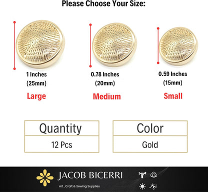 Gold Metal Shank Buttons - 12 Pcs - 2 Size Options - Luxury Stripeds Round Metal Shank Buttons for Men Women Blazer Coat Uniform Shirt Suit and Jacket Sewing Craft DIY N1402
