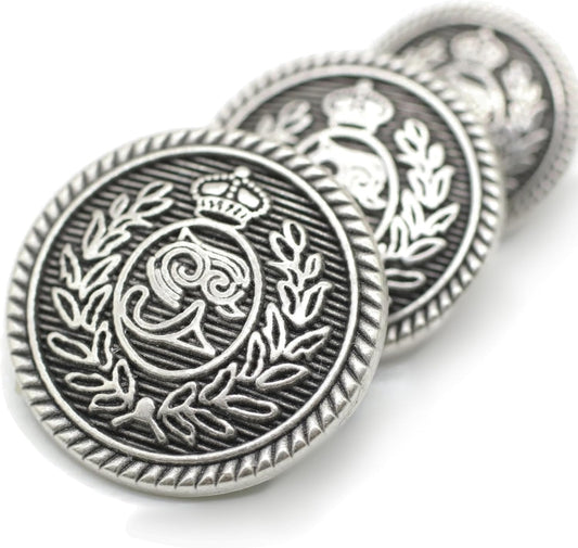 Antique Silver Metal Shank Buttons - 12 Pcs - 3 Size Options - Crown Round Metal Shank Buttons Vintage for Men Women Blazer Coat Uniform Shirt Suit and Jacket Sewing Craft DIY N13003