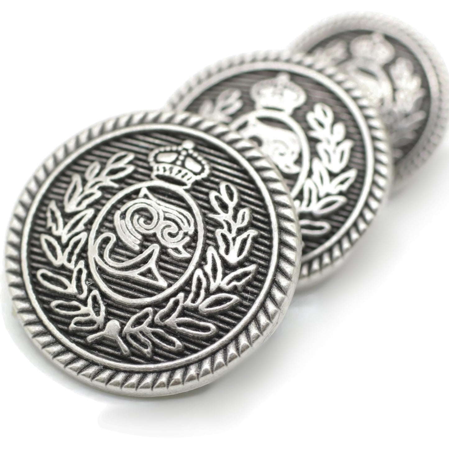 Silver Metal Shank Buttons - 12 Pcs - 3 Size Options - Floral Crown Kingdom Round Metal Shank Buttons for Men Women Blazer Coat Uniform Shirt Suit and Jacket Sewing Craft DIY N6101