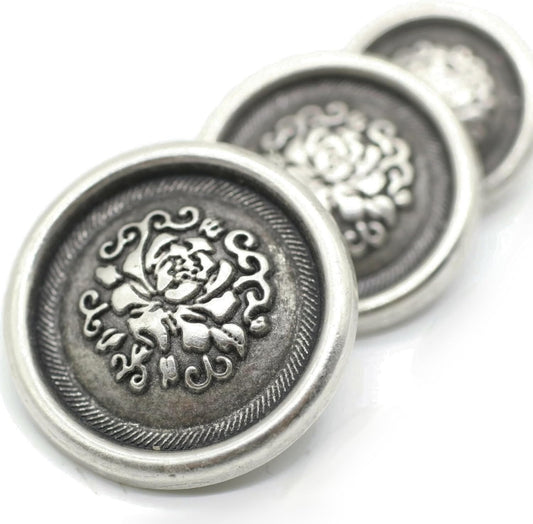 Antique Silver Metal Shank Buttons - 12 Pcs - 3 Size Options - Floral Round Metal Shank Buttons Vintage for Men Women Blazer Coat Uniform Shirt Suit and Jacket Sewing Craft DIY N12503