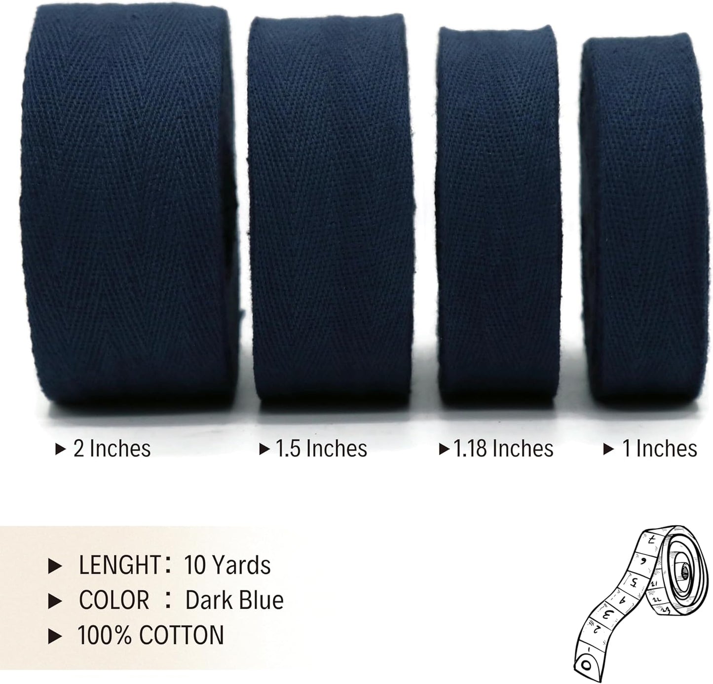 1" & 1.18" & 1.5'' & 2" Cotton Twill Tape - 10 Yards - 50+ Colors -%100 Natural Cotton 1 Inch 1.5 Inch 2 Inch Herringbone Bias Binding Cotton Tape Trim for Sewing Wrapping Craft DIY 10432 (Dark Blue)…