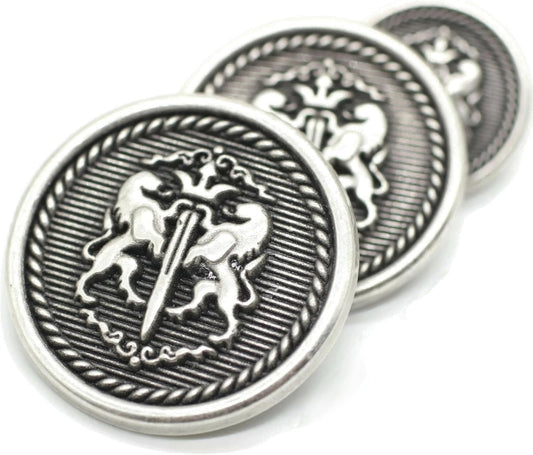 Antique Silver Metal Shank Buttons - 12 Pcs - 3 Size Options - Twin Lion Round Metal Shank Buttons Vintage for Men Women Blazer Coat Uniform Shirt Suit and Jacket Sewing Craft DIY N10402