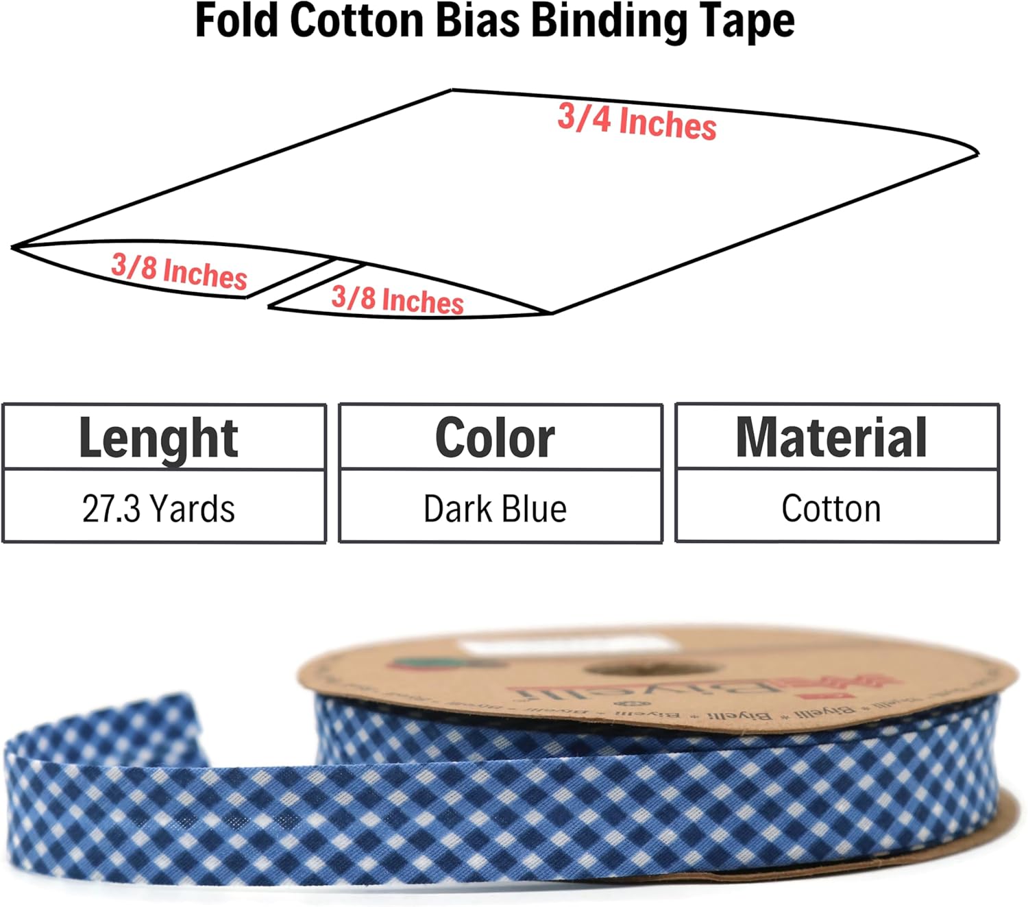 Cotton Fold Bias Binding Tape - 3/4 Inches (20mm) Wide - 27 Yards - Plaid Single Fold Cotton Fold Bias Binding Tape for Sewing Clothing DIY Dark Blue E8