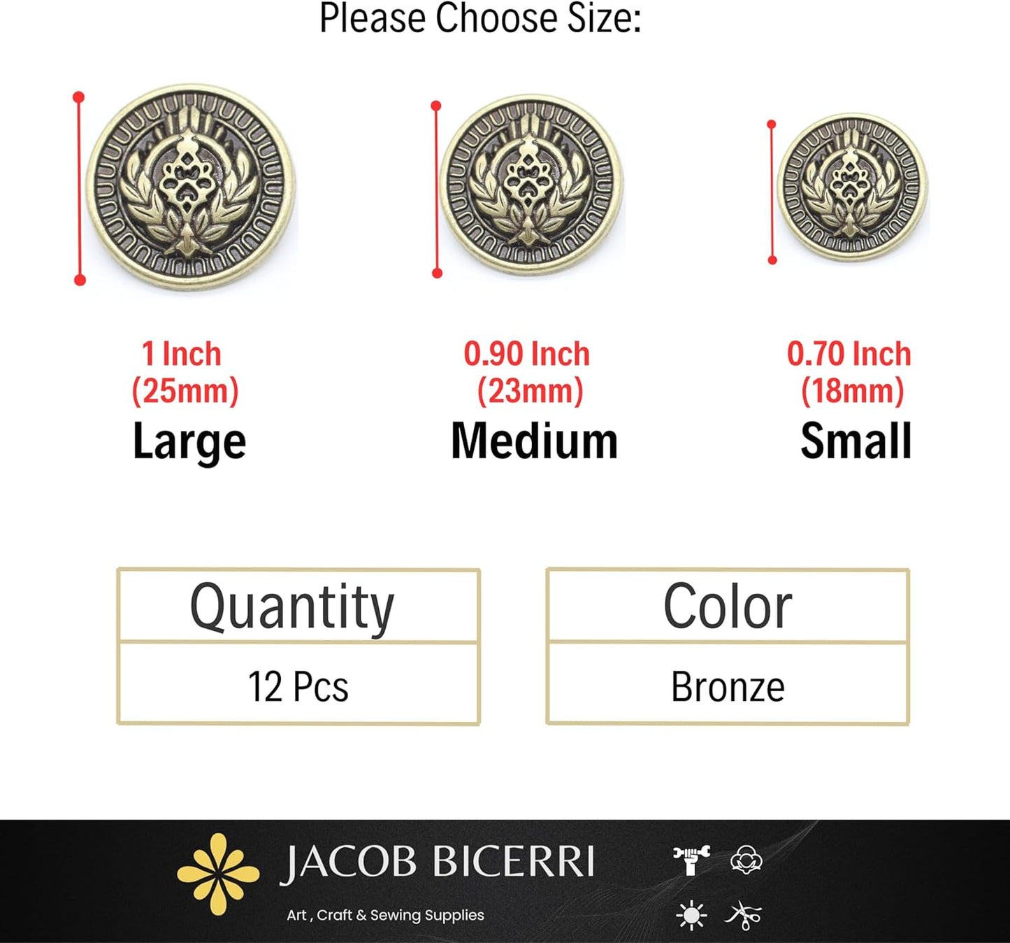 Bronze Metal Shank Buttons - 12 Pcs - 3 Size Options - Luxury Floral Rome Round Wave Metal Shank Buttons Bronze for Men Women Blazer Coat Uniform Shirt Suit and Jacket Sewing Craft DIY N18602