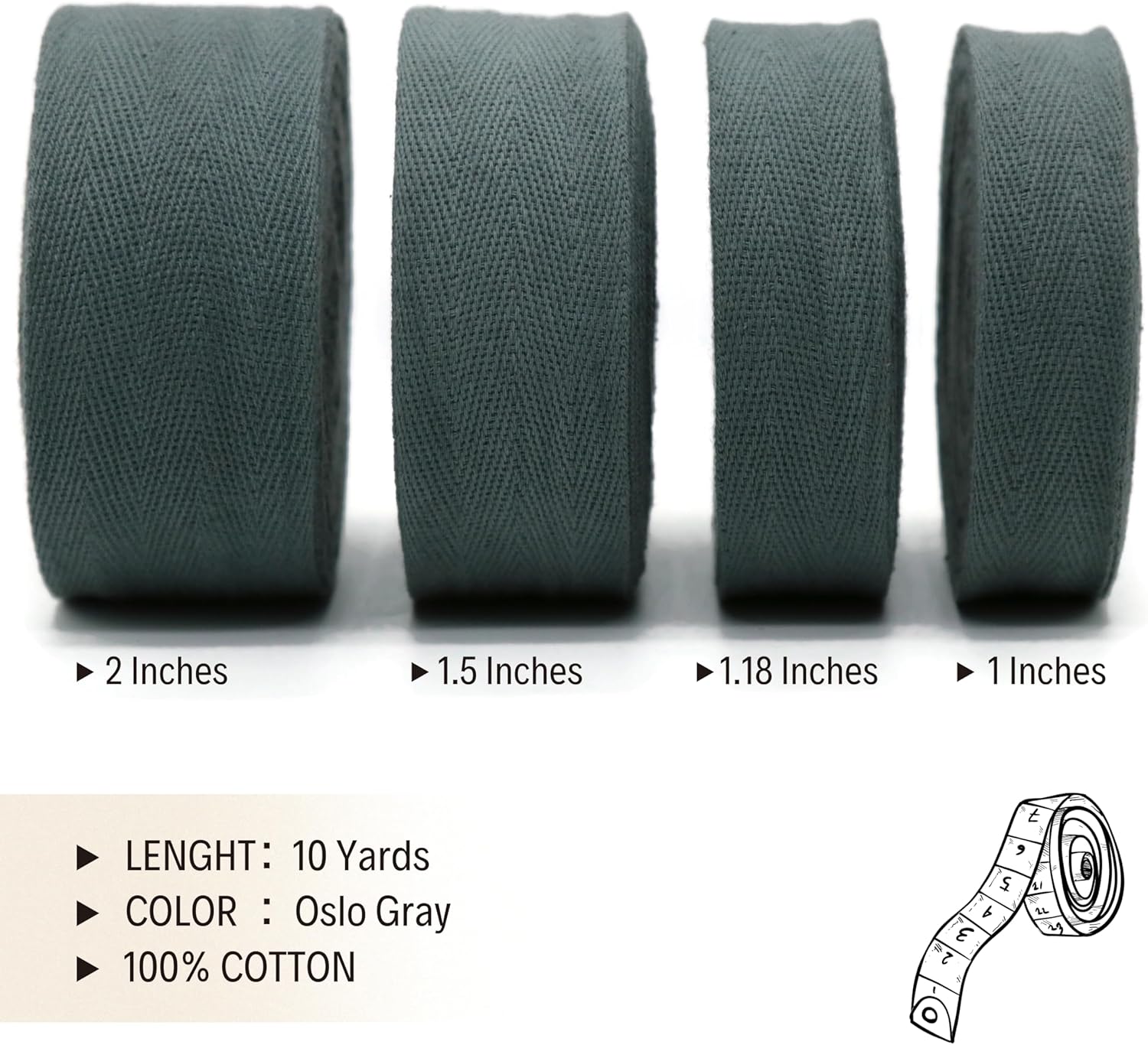 2" & 1.5" & 1.18'' & 1" Cotton Twill Tape - 10 Yards - 50+ Colors -%100 Natural Cotton 1 Inch 1.5 Inch 2 Inch Herringbone Bias Binding Cotton Tape Trim for Sewing Wrapping Craft DIY 10545(Oslo Gray)…
