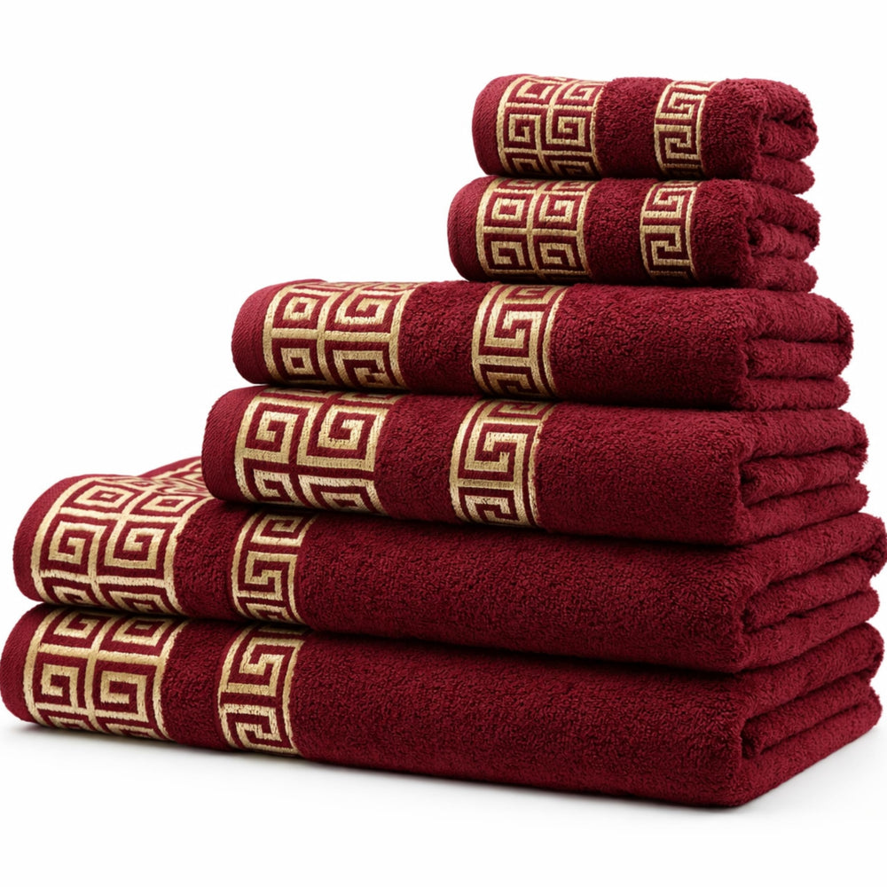 4-Piece Greek Key Hand Towel Set — Burgundy