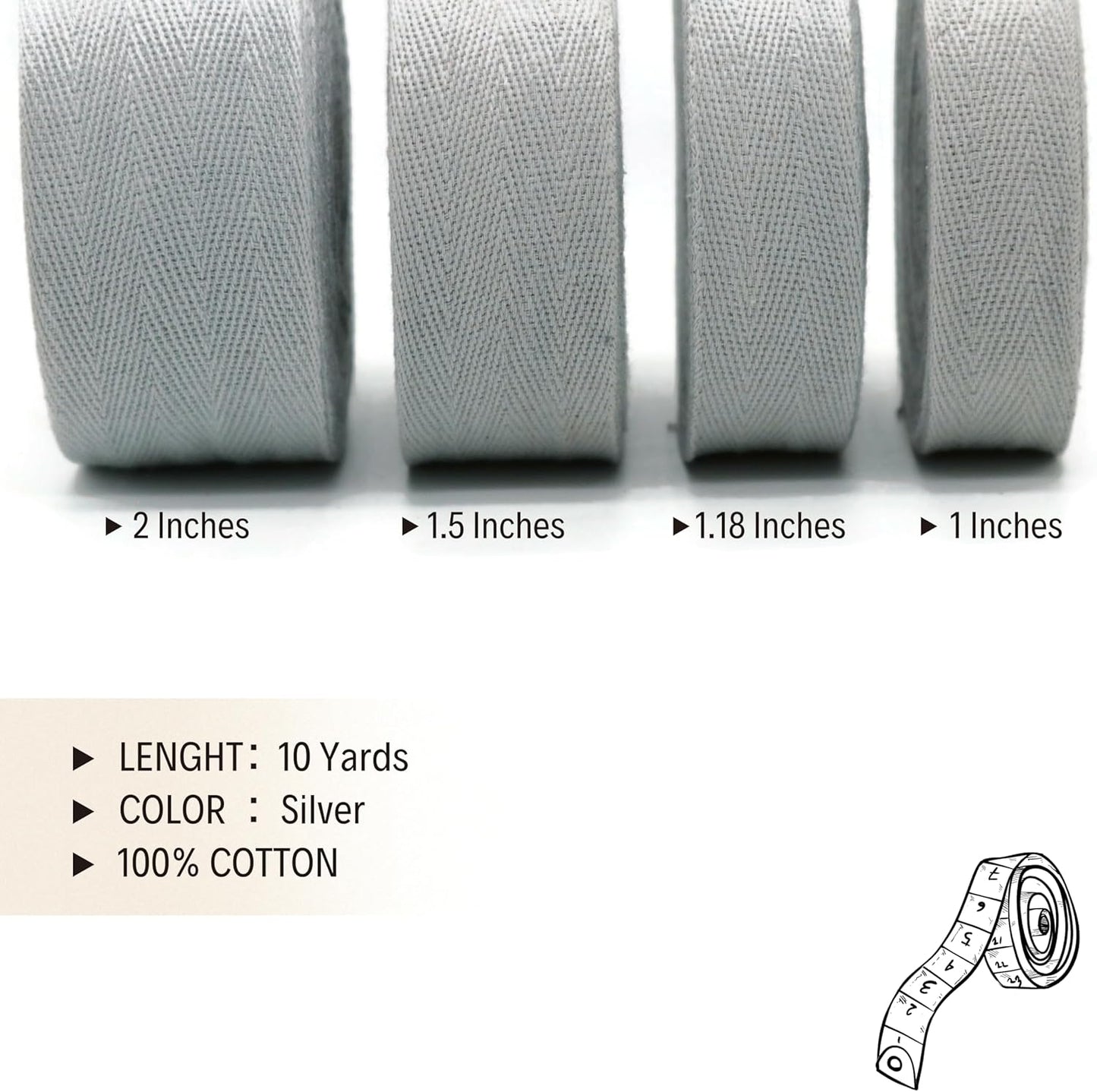 2" & 1.5" & 1.18'' & 1" Cotton Twill Tape - 10 Yards - 50+ Colors -%100 Natural Cotton 1 Inch 1.5 Inch 2 Inch Herringbone Bias Binding Cotton Tape Trim for Sewing Wrapping Craft DIY 10575 (Silver)…