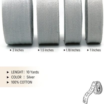 2" & 1.5" & 1.18'' & 1" Cotton Twill Tape - 10 Yards - 50+ Colors -%100 Natural Cotton 1 Inch 1.5 Inch 2 Inch Herringbone Bias Binding Cotton Tape Trim for Sewing Wrapping Craft DIY 10575 (Silver)…