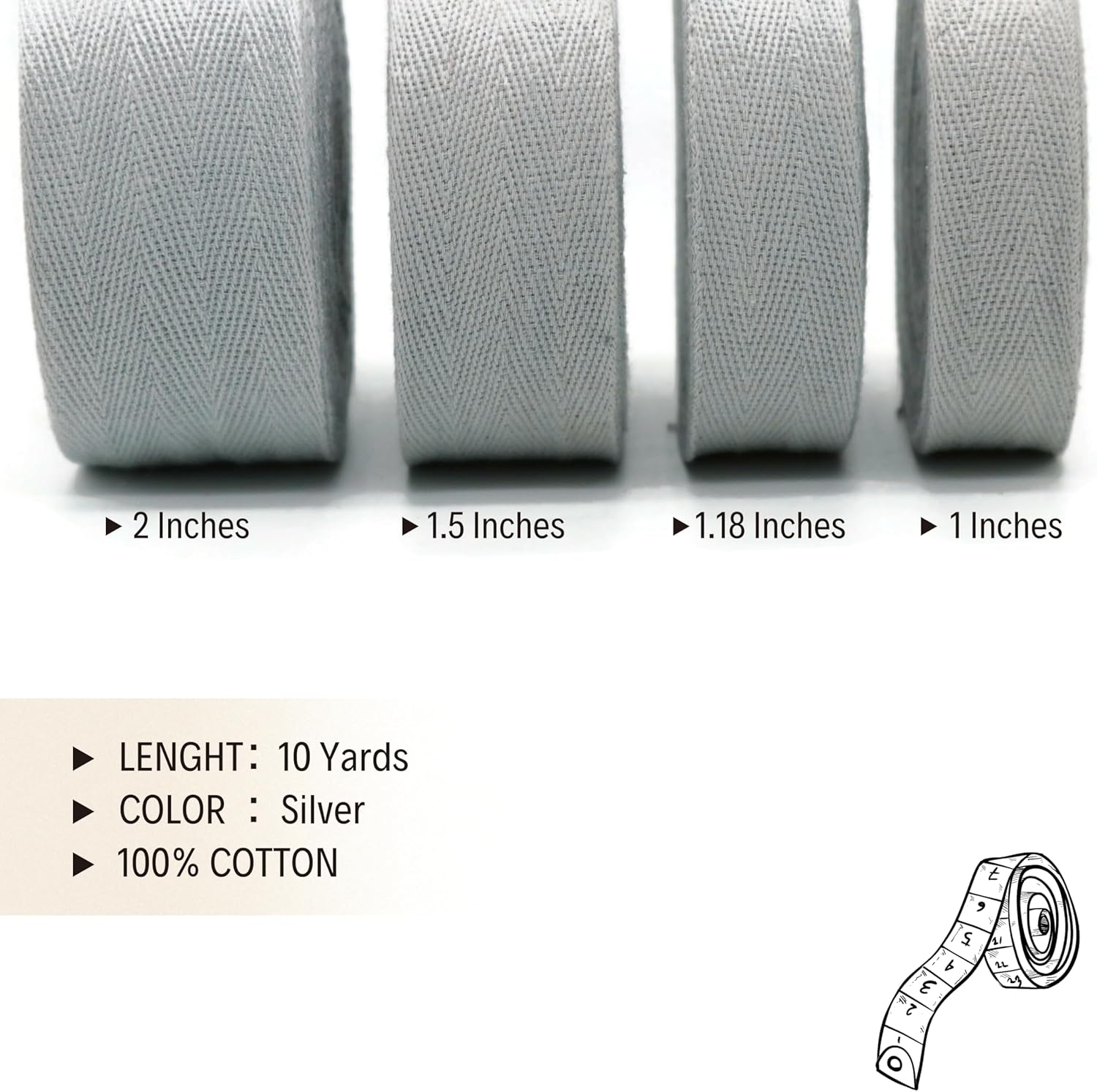 2" & 1.5" & 1.18'' & 1" Cotton Twill Tape - 10 Yards - 50+ Colors -%100 Natural Cotton 1 Inch 1.5 Inch 2 Inch Herringbone Bias Binding Cotton Tape Trim for Sewing Wrapping Craft DIY 10574 (Silver)…