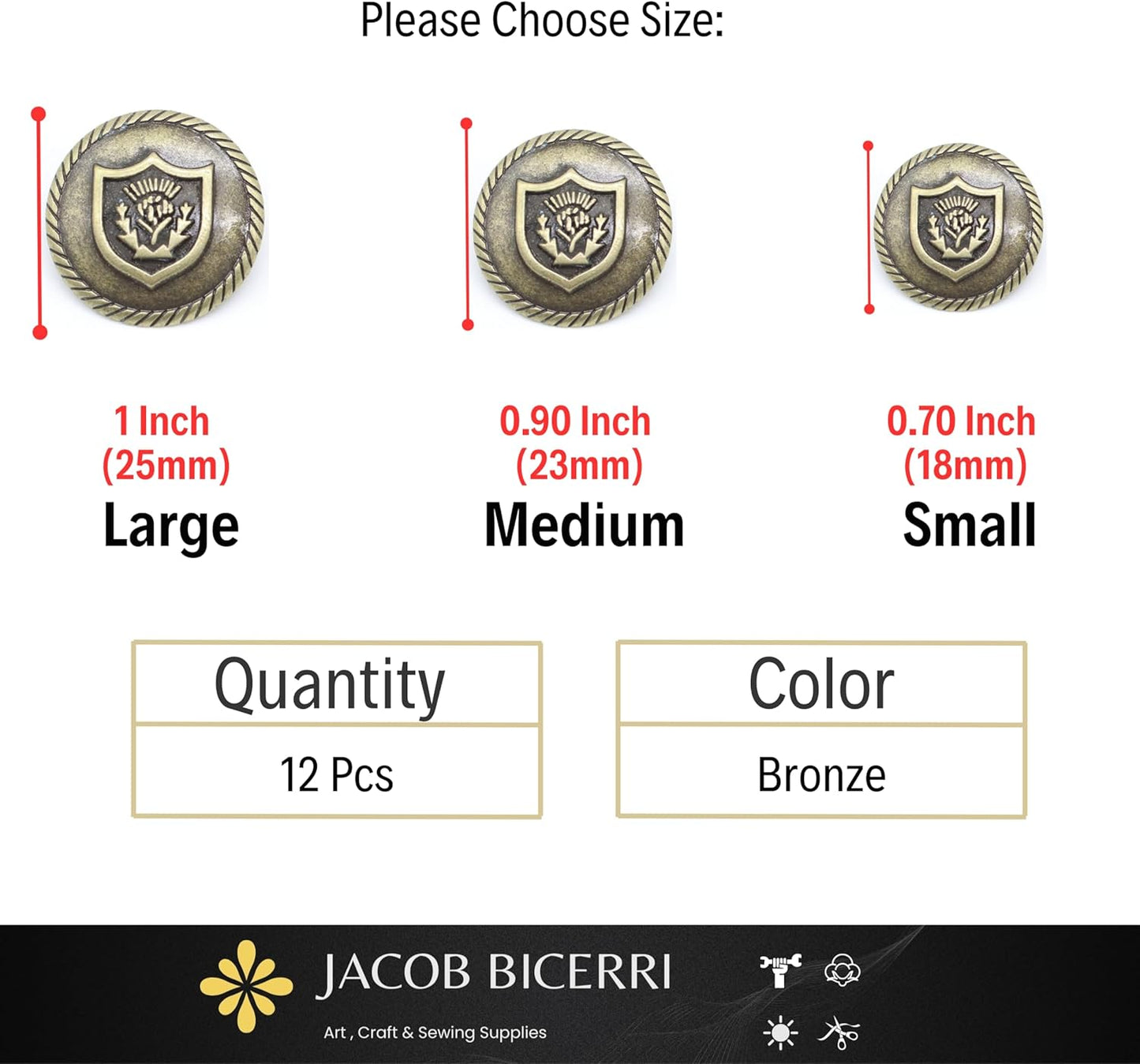 Bronze Metal Shank Buttons - 12 Pcs - 3 Size Options - Floral Round Metal Shank Buttons for Men Women Blazer Coat Uniform Shirt Suit and Jacket Sewing Craft DIY N18803