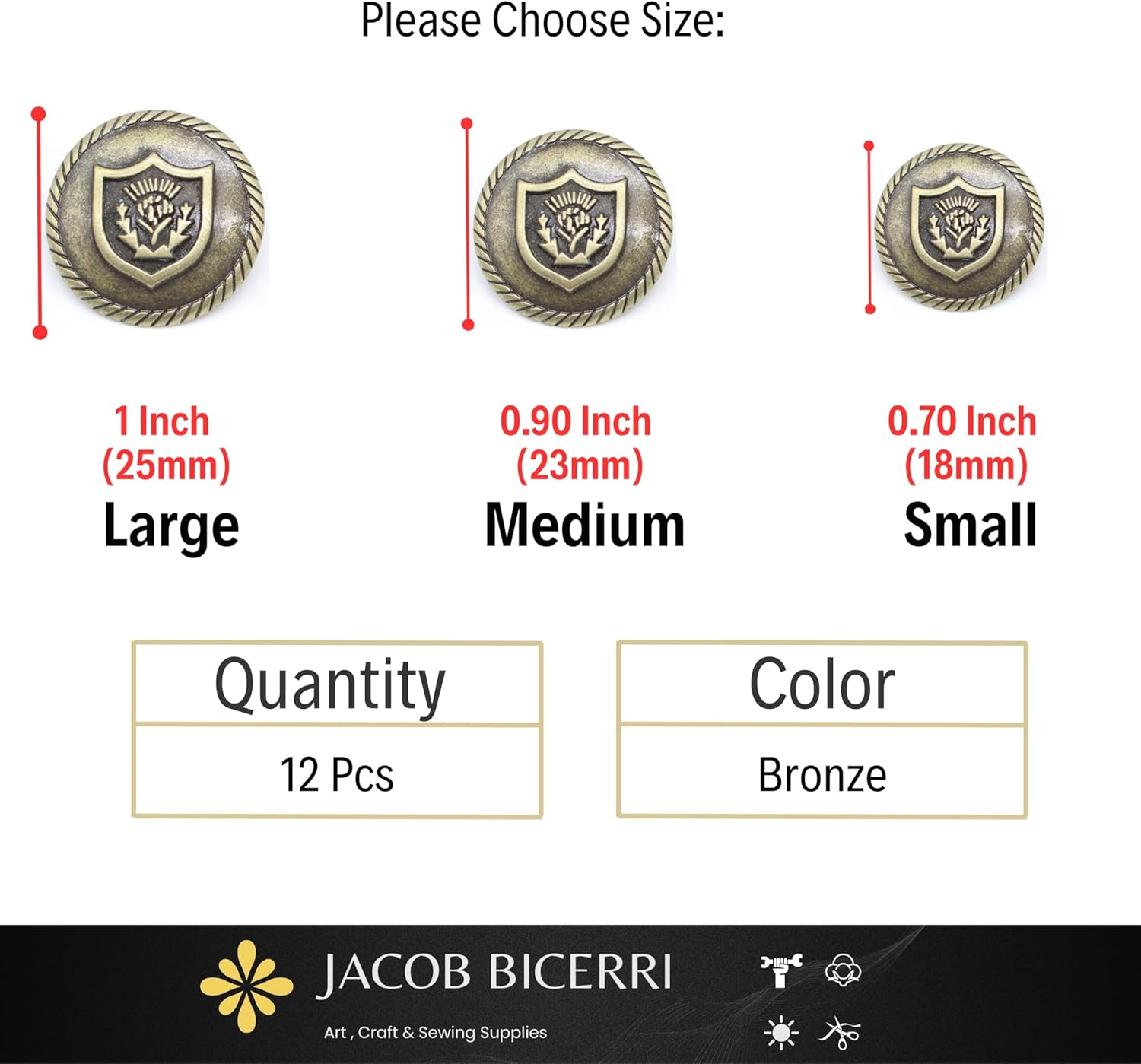 Bronze Metal Shank Buttons - 12 Pcs - 3 Size Options - Floral Round Metal Shank Buttons for Men Women Blazer Coat Uniform Shirt Suit and Jacket Sewing Craft DIY N18803