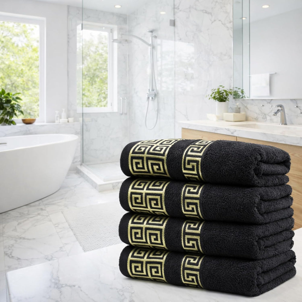 4-Piece Greek Key Bath Towel Set — Black