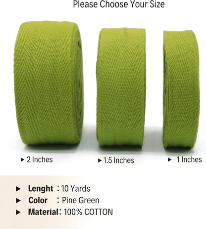 Cotton Twill Tape 1" & 1.5" & 2" - 10 Yards - 50+ Colors -%100 Natural Cotton 1 Inch 1.5 Inch 2 Inch Herringbone Bias Binding Cotton Tape Trim for Sewing Wrapping Craft DIY (Pine Green) 10314