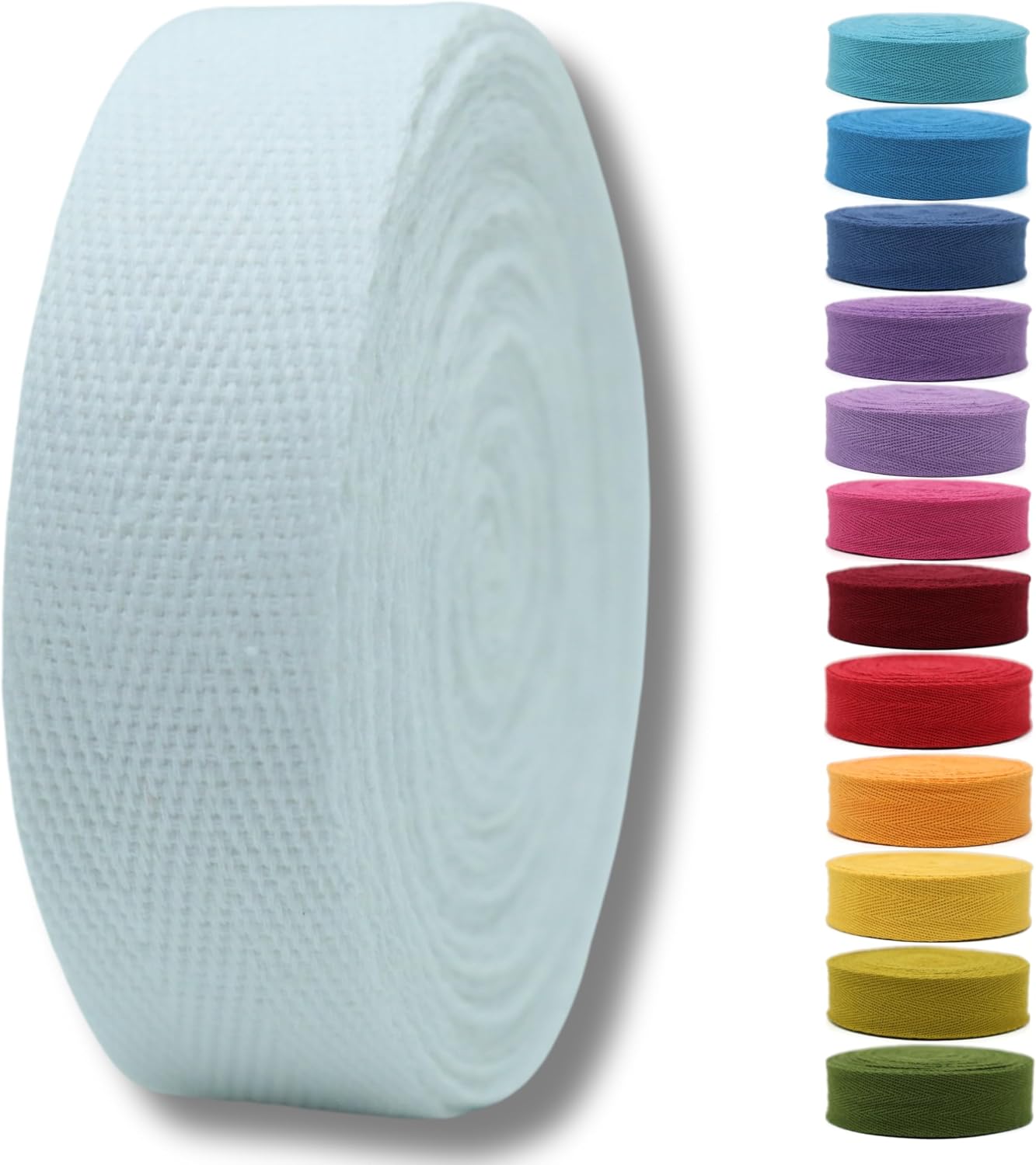 Cotton Twill Tape 1" & 1.5'' & 2" - 10 Yards - 50+ Colors -%100 Natural Cotton 1 Inch 1.5 Inch 2 Inch Herringbone Bias Binding Cotton Twill Tape Trim for Sewing Wrapping Craft DIY White 10602