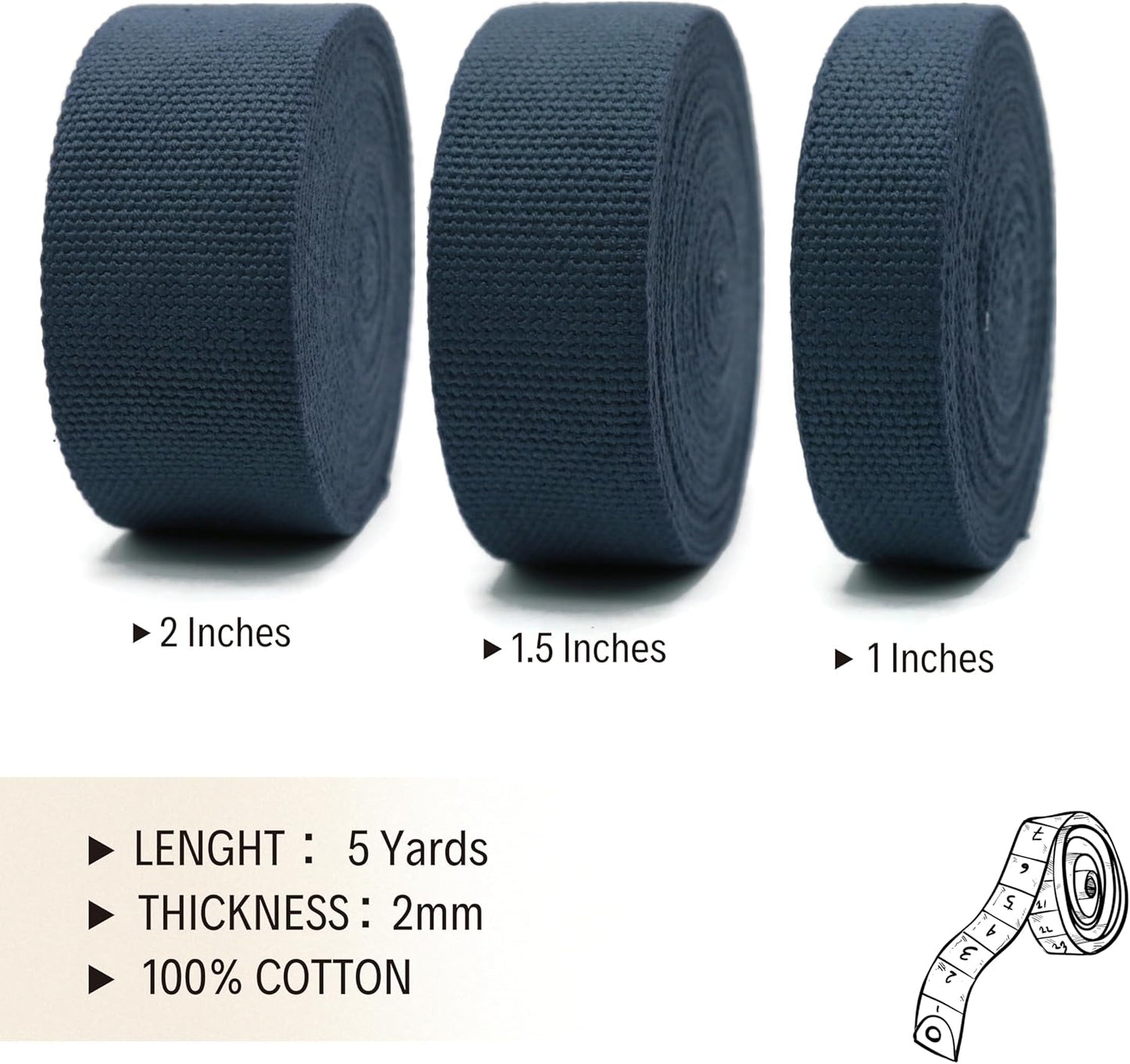 Cotton Webbing 2" & 1.5'' & 1" - 5 Yards - 50+ Colors -%100 Natural Cotton - Turkish Woven - 1 Inch 1.5 Inch 2 Inch Dark Blue Canvas Webbing for Sewing Straps Bags Climbing Indoors Craft DIY 11435…