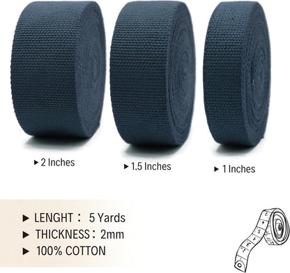 Cotton Webbing 2" & 1.5'' & 1" - 5 Yards - 50+ Colors -%100 Natural Cotton - Turkish Woven - 1 Inch 1.5 Inch 2 Inch Dark Blue Canvas Webbing for Sewing Straps Bags Climbing Indoors Craft DIY 11435…