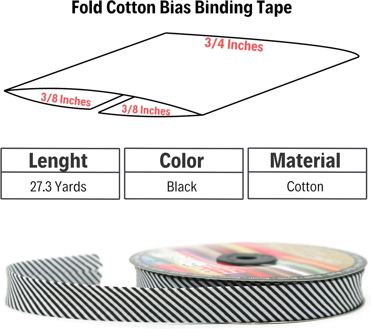 Cotton Fold Bias Binding Tape - 3/4 Inches (20mm) Wide - 27 Yards - Plaid Single Fold Cotton Fold Bias Binding Tape for Sewing Clothing DIY Black C11