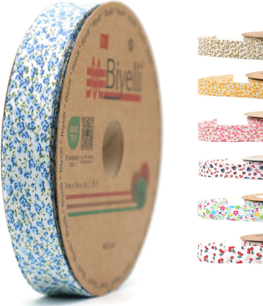 Cotton Fold Bias Binding Tape - 3/4 Inches (20mm) Wide - 27 Yards - Floral Single Fold Cotton Fold Bias Binding Tape for Sewing Clothing DIY Blue A1