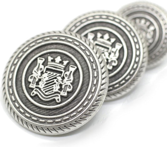 Antique Silver Metal Shank Buttons - 12 Pcs - 3 Size Options - Kingdom Round Metal Shank Buttons Vintage for Men Women Blazer Coat Uniform Shirt Suit and Jacket Sewing Craft DIY N12103