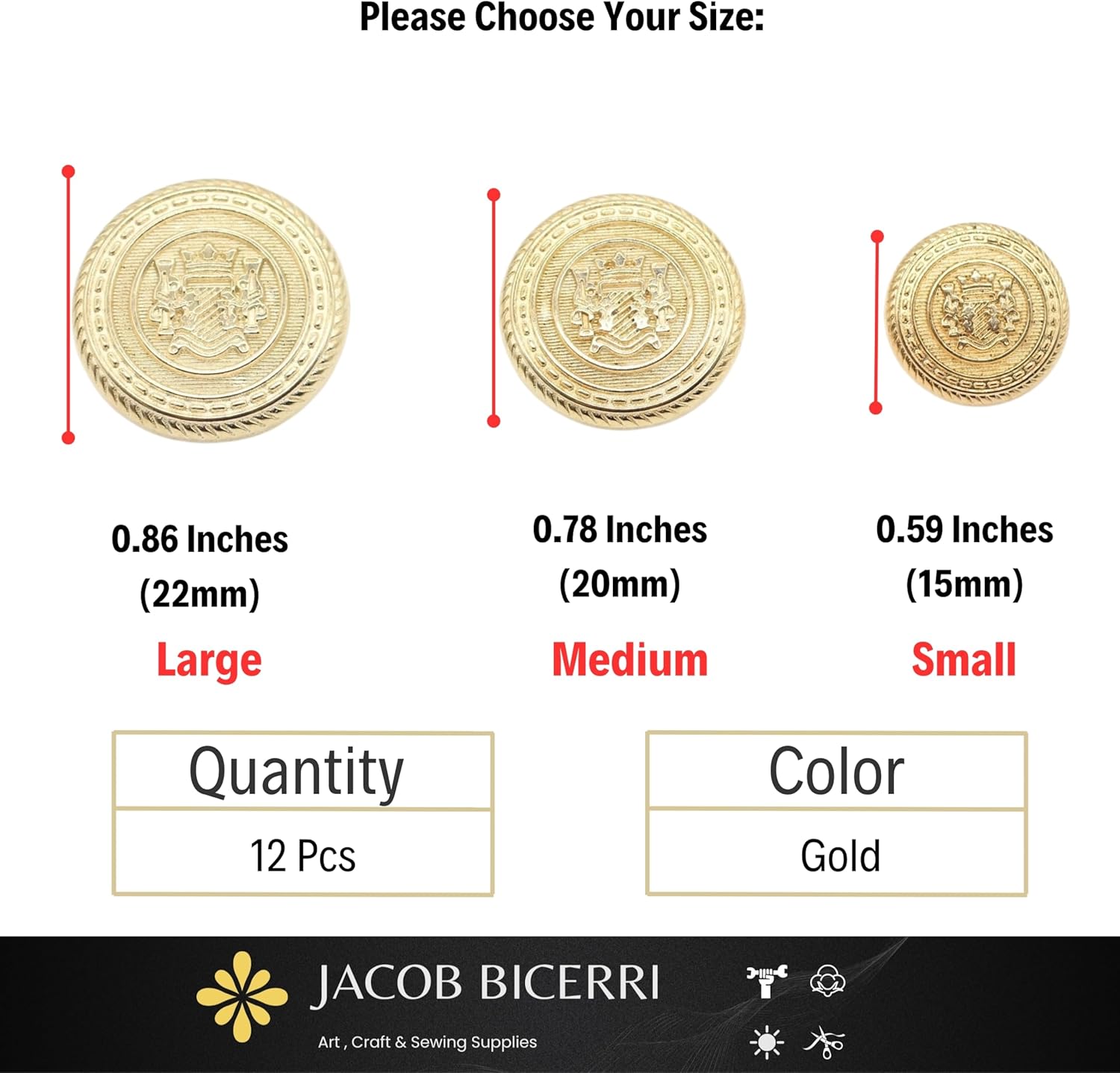 Gold Metal Shank Buttons - 12 Pcs - 3 Size Options - Kingdom Round Metal Shank Buttons for Men Women Blazer Coat Uniform Shirt Suit and Jacket Sewing Craft DIY N4002