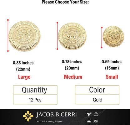 Gold Metal Shank Buttons - 12 Pcs - 3 Size Options - Kingdom Round Metal Shank Buttons for Men Women Blazer Coat Uniform Shirt Suit and Jacket Sewing Craft DIY N4002