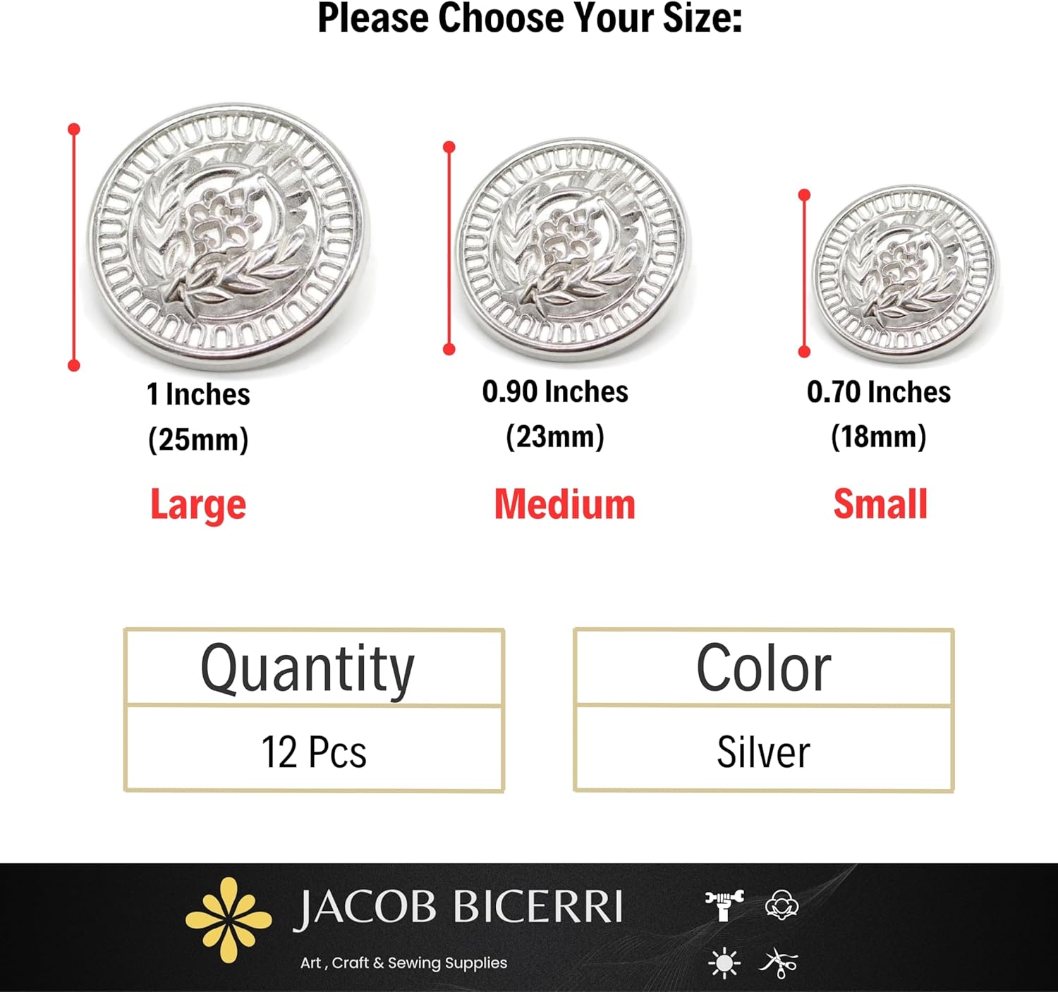 Silver Metal Shank Buttons - 12 Pcs - 3 Size Options - Luxury Floral Rome Round Wave Metal Shank Buttons for Men Women Blazer Coat Uniform Shirt Suit and Jacket Sewing Craft DIY N9603