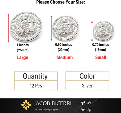 Silver Metal Shank Buttons - 12 Pcs - 3 Size Options - Luxury Floral Rome Round Wave Metal Shank Buttons for Men Women Blazer Coat Uniform Shirt Suit and Jacket Sewing Craft DIY N9603