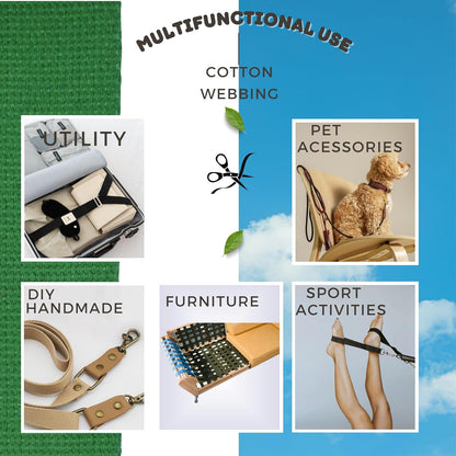 Cotton Webbing 2" &amp; 1.5'' &amp; 1" - 5 Yards - 50+ Colors -100% Natural Cotton - Turkish Woven - Heavy 1 Inch 1.5 Inch 2 Inch Green Canvas Webbing for Sewing Straps Bags Climbing Indoors Craft DIY 11335…