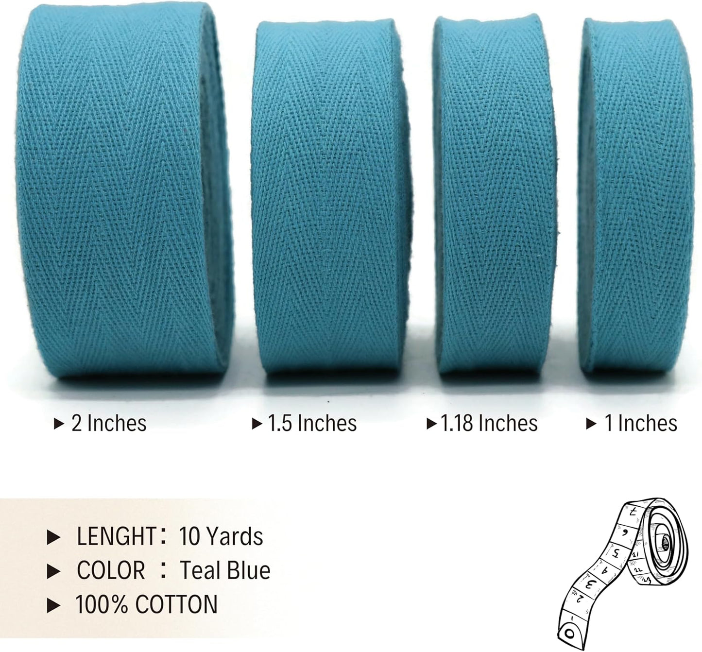 2" & 1.5" & 1.18'' & 1" Cotton Twill Tape - 10 Yards - 50+ Colors -%100 Natural Cotton 1 Inch 1.5 Inch 2 Inch Herringbone Bias Binding Cotton Tape Trim for Sewing Wrapping Craft DIY 10375 (TealBlue)…