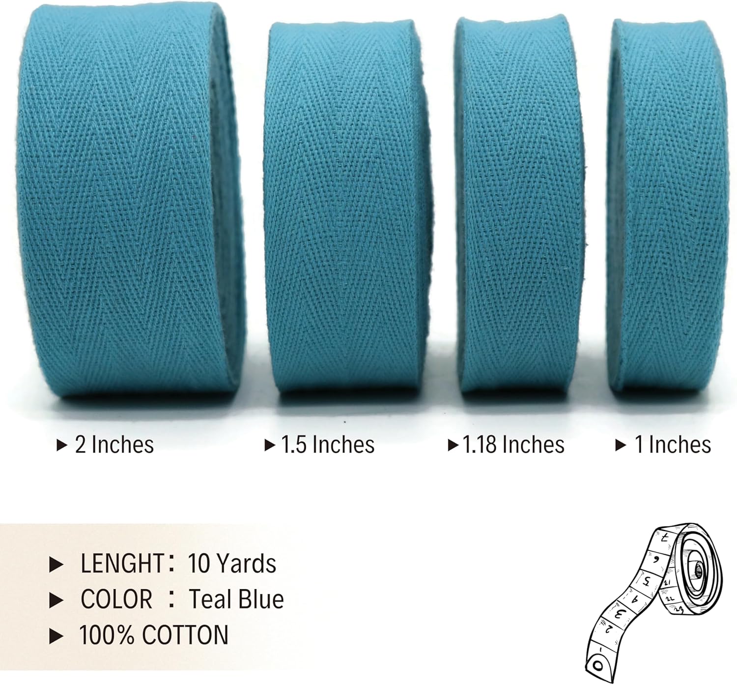 2" & 1.5" & 1.18'' & 1" Cotton Twill Tape - 10 Yards - 50+ Colors -%100 Natural Cotton 1 Inch 1.5 Inch 2 Inch Herringbone Bias Binding Cotton Tape Trim for Sewing Wrapping Craft DIY 10375 (TealBlue)…