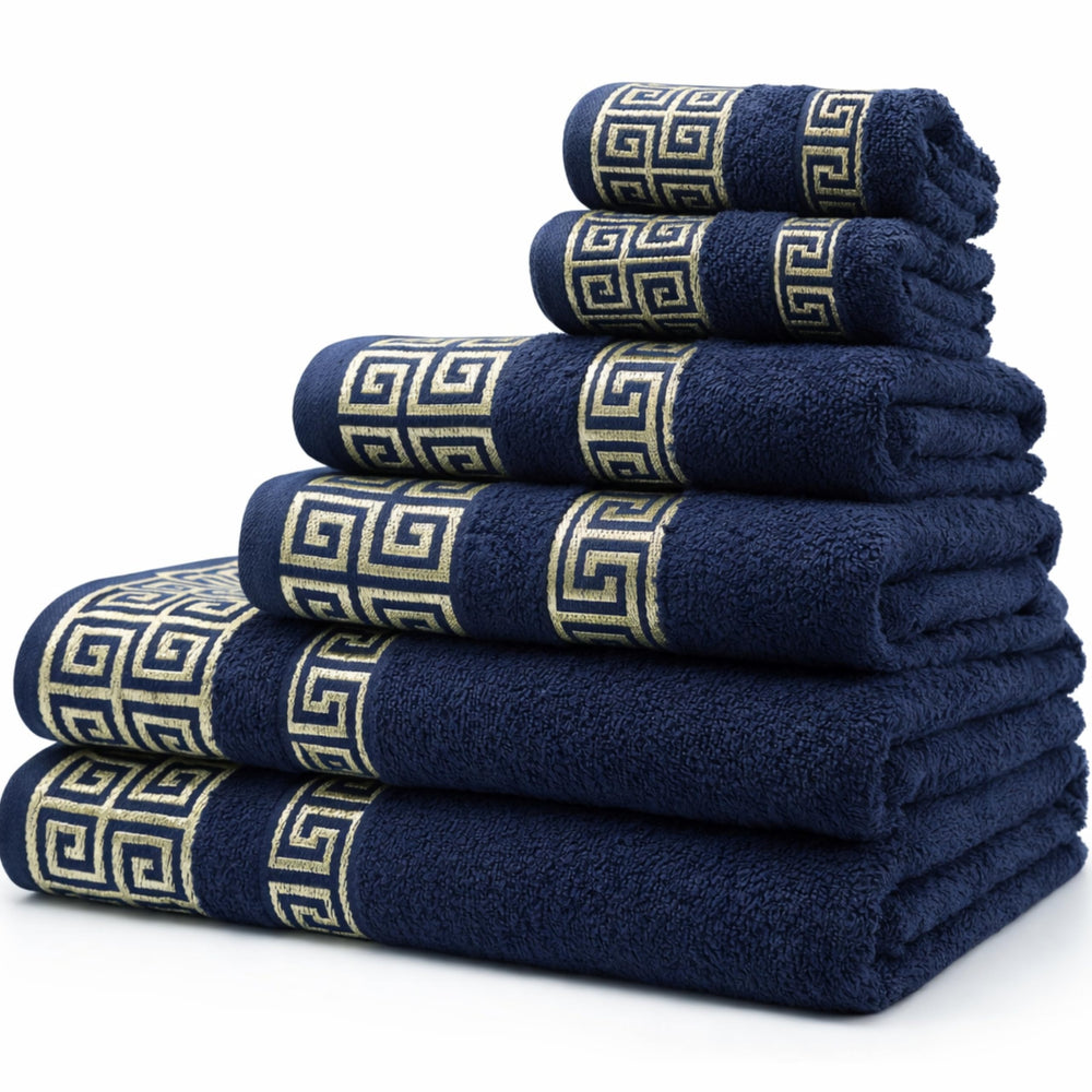 4-Piece Greek Key Bath Towel Set — Navy