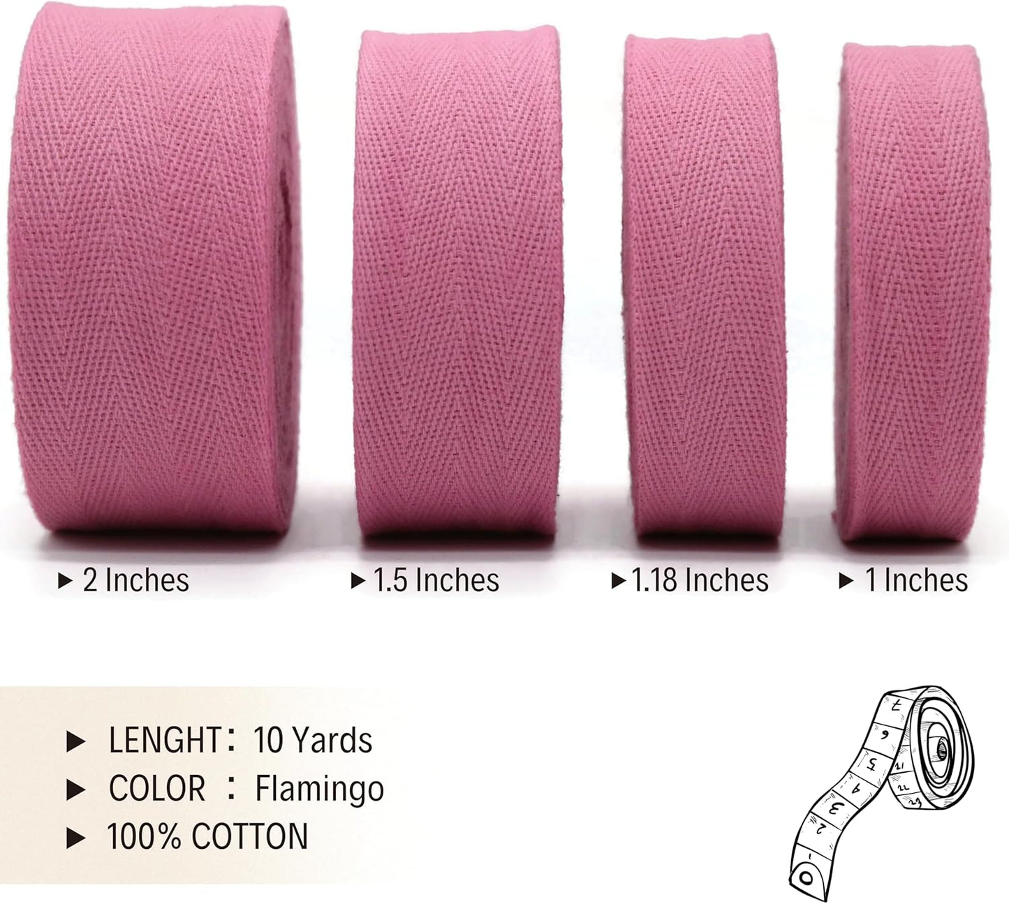 1'', 1.18'', 1.5'' & 2'' Cotton Twill Herringbone Tape - 10 Yards - 50+ Colors - 100% Natural Bias Binding Trim for Sewing, Wrapping, Craft, DIY 10202 (Flamingo)