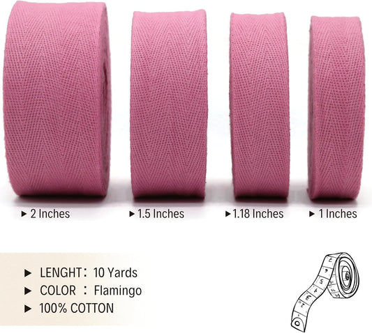 1'', 1.18'', 1.5'' & 2'' Cotton Twill Herringbone Tape - 10 Yards - 50+ Colors - 100% Natural Bias Binding Trim for Sewing, Wrapping, Craft, DIY 10202 (Flamingo)