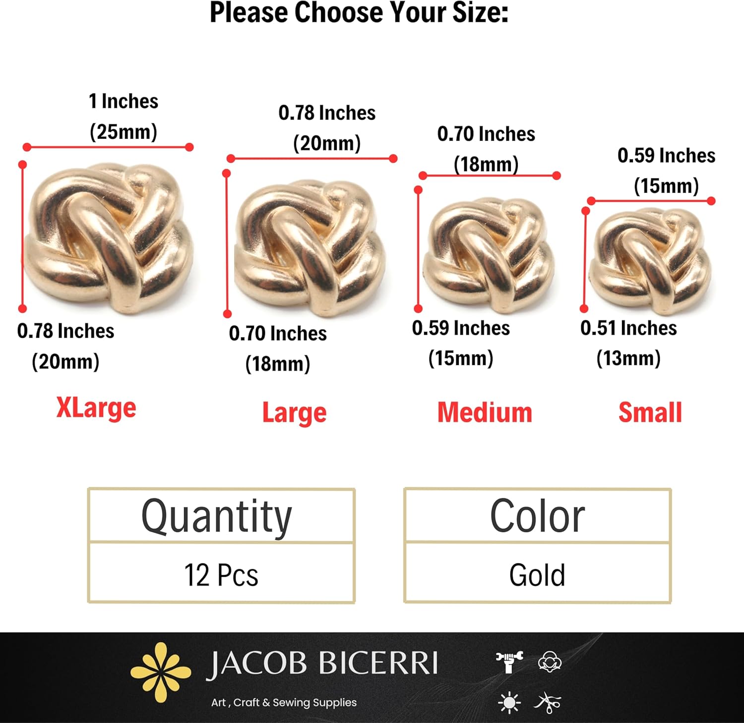 Knot Gold Metal Shank Buttons - 12 Pcs - 4 Size Options - Knot Irregular Metal Shank Buttons for Men Women Blazer Coat Uniform Shirt Suit and Jacket Sewing Craft DIY EM0402