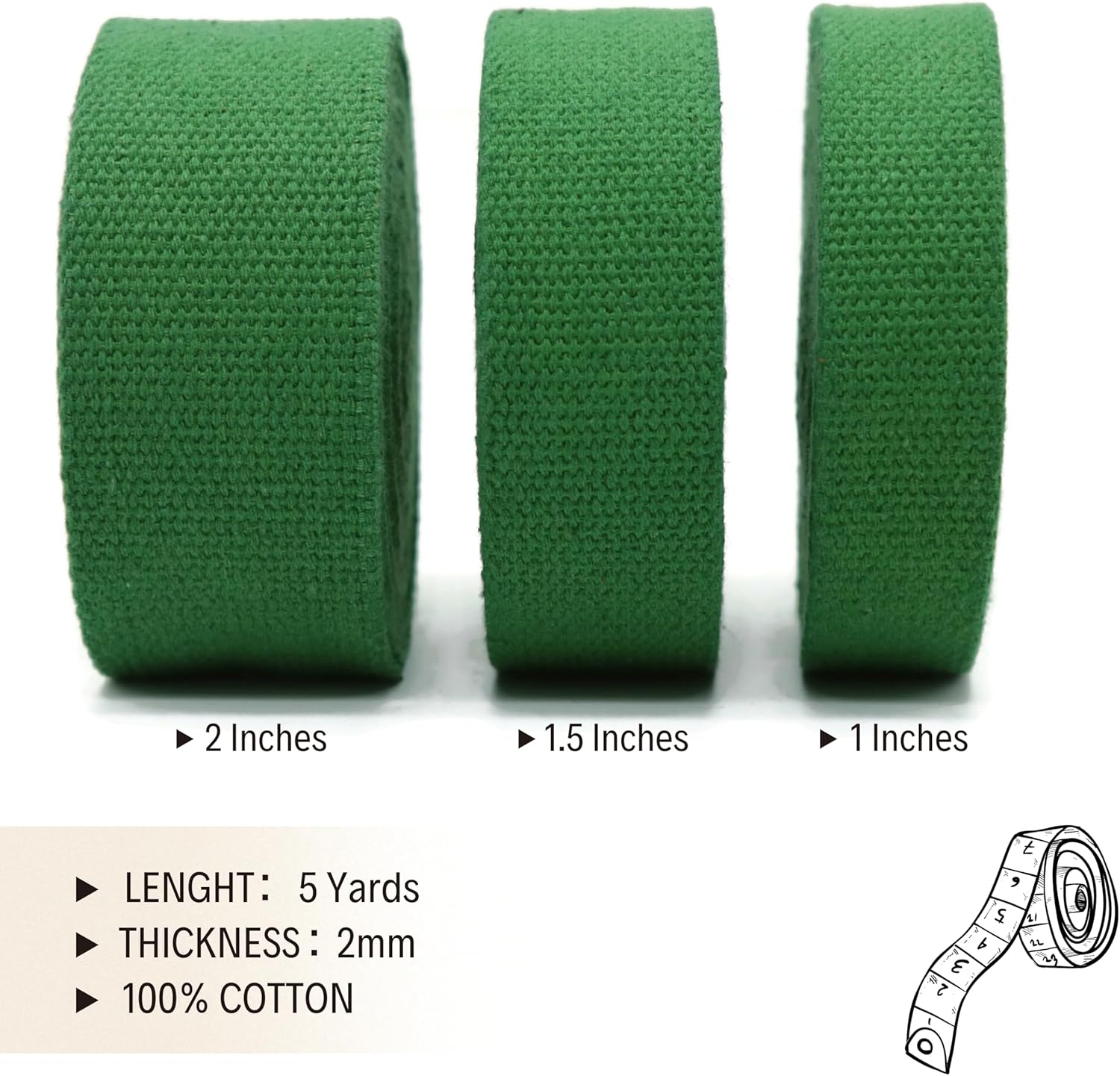 Cotton Webbing 2" & 1.5'' & 1" - 5 Yards - 50+ Colors -%100 Natural Cotton - Turkish Woven - Heavy 1 Inch 1.5 Inch 2 Inch Green Canvas Webbing for Sewing Straps Bags Climbing Indoors Craft DIY 11335…