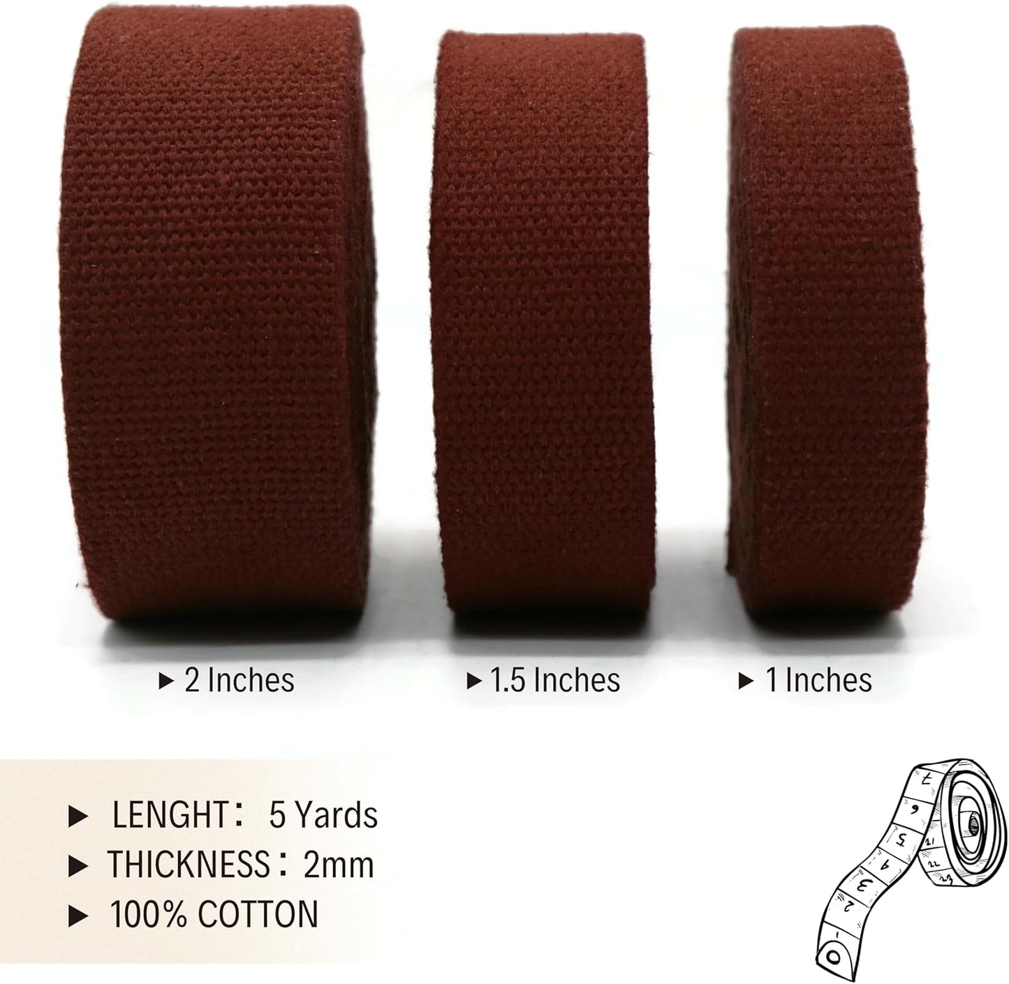 Cotton Webbing 2" & 1.5'' & 1" - 5 Yards - 50+ Colors -%100 Natural Cotton - Turkish Woven - Heavy Duty1 Inch 1.5 Inch 2 Inch Canvas Webbing for Sewing Straps Bags Climbing Indoors Craft DIY 11495…