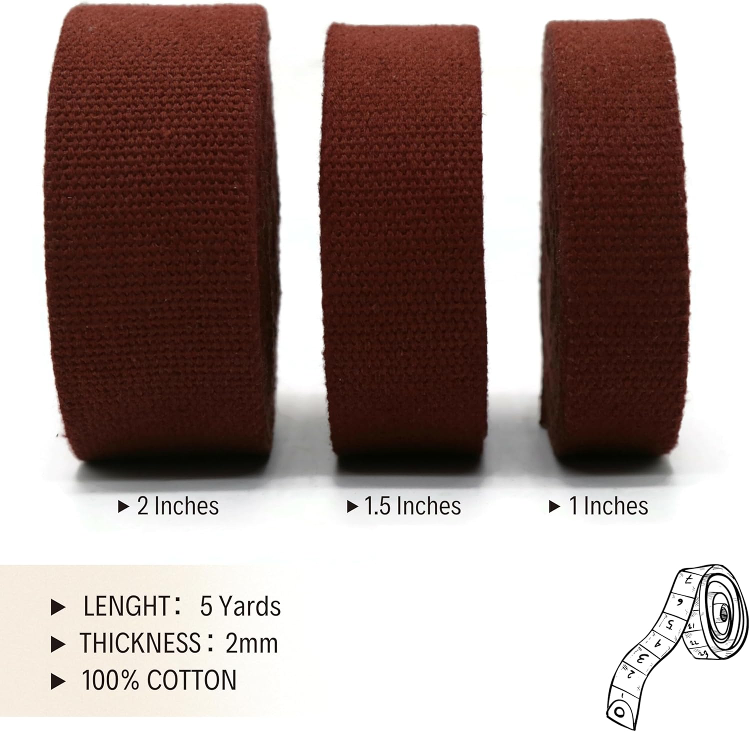 Cotton Webbing 2" & 1.5'' & 1" - 5 Yards - 50+ Colors -%100 Natural Cotton - Turkish Woven - Heavy Duty1 Inch 1.5 Inch 2 Inch Canvas Webbing for Sewing Straps Bags Climbing Indoors Craft DIY 11495…