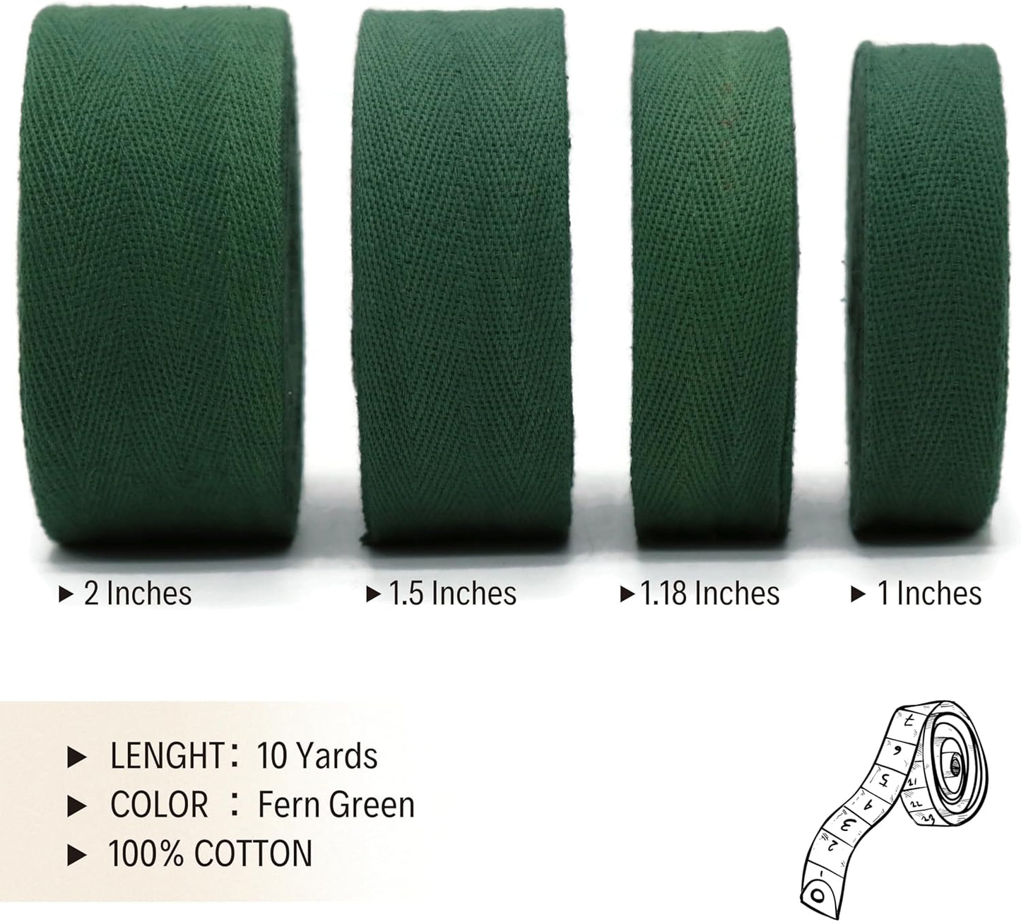 1" & 1.18" & 1.5' & 2" Cotton Herringbone Bias Binding Tape - 10 Yards - 50+ Colors - 100% Natural Cotton - Sewing, Wrapping, Craft, DIY - Fern Green