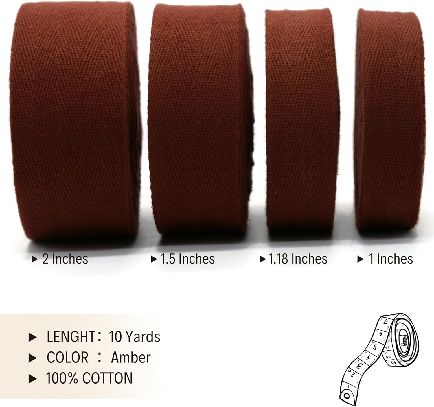 2" & 1.5" & 1.18'' & 1" Cotton Twill Tape - 10 Yards - 50+ Colors -%100 Natural Cotton 1 Inch 1.5 Inch 2 Inch Herringbone Bias Binding Cotton Tape Trim for Sewing Wrapping Craft DIY 10495 (Amber)…