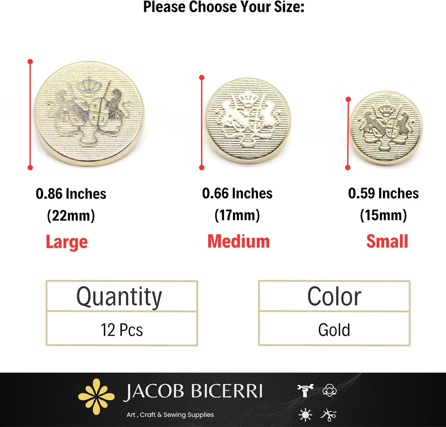 Gold Metal Shank Buttons - 12 Pcs - 3 Size Options - Luxury Twin Lion Kingdom Round Metal Shank Buttons for Men Women Blazer Coat Uniform Shirt Suit and Jacket Sewing Craft DIY N3201