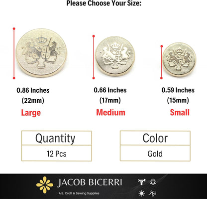 Gold Metal Shank Buttons - 12 Pcs - 3 Size Options - Luxury Twin Lion Kingdom Round Metal Shank Buttons for Men Women Blazer Coat Uniform Shirt Suit and Jacket Sewing Craft DIY N3201