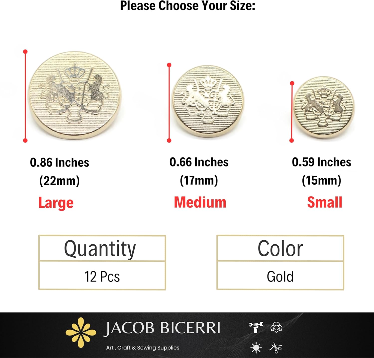 Gold Metal Shank Buttons - 12 Pcs - 3 Size Options - Luxury Twin Lion Kingdom Round Metal Shank Buttons for Men Women Blazer Coat Uniform Shirt Suit and Jacket Sewing Craft DIY N3203