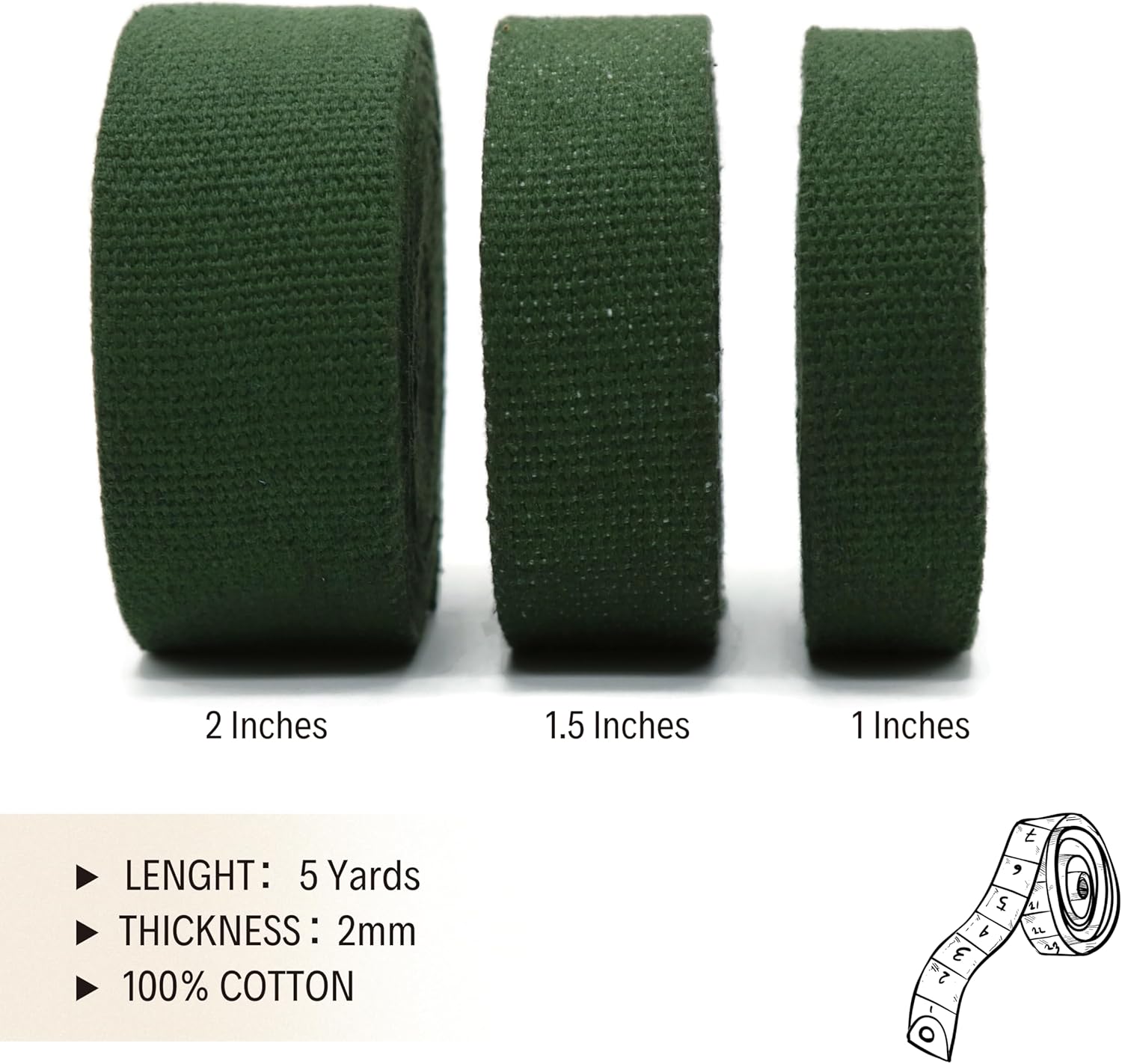 Cotton Webbing 2" & 1.5'' & 1" - 5 Yards - 50+ Colors -%100 Natural Cotton - Turkish Woven - Heavy Duty 1 Inch 1.5 Inch 2 Inch Canvas Webbing for Sewing Straps Bags Climbing Indoors Craft DIY 11325…