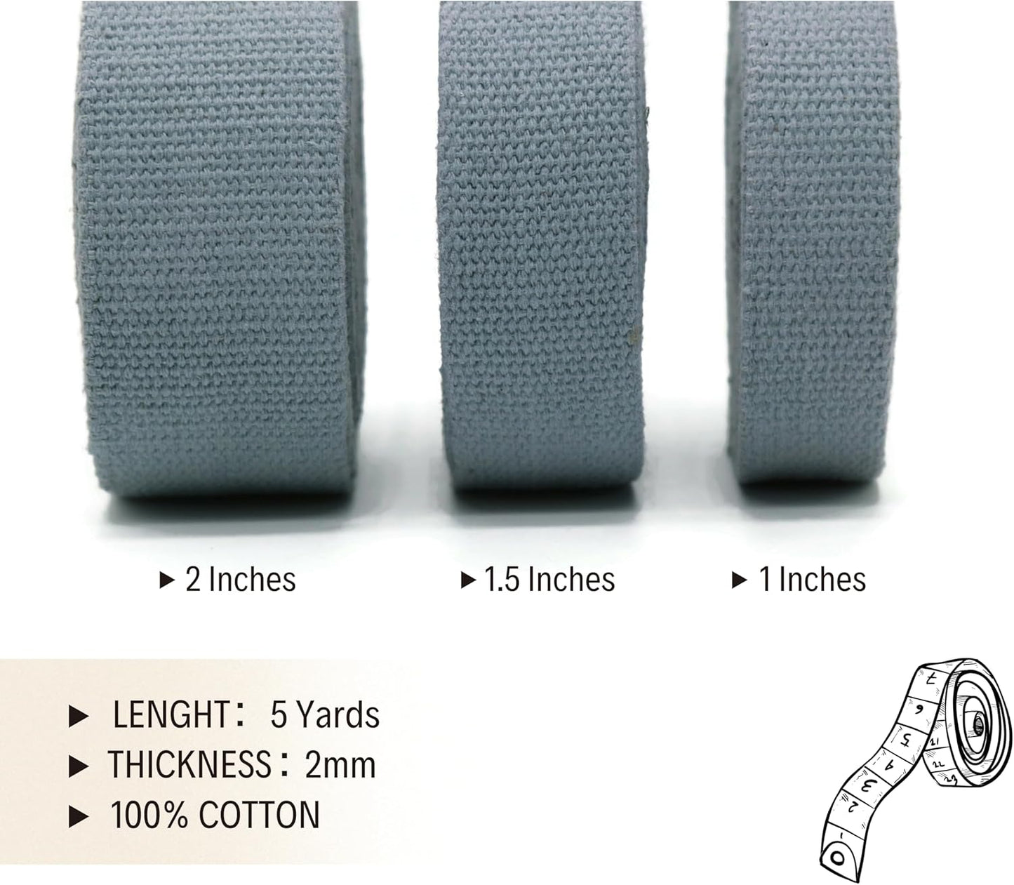 2" & 1.5'' & 1" Cotton Webbing - 5 Yards - 50+ Colors -%100 Natural Cotton - Turkish Woven - Heavy Duty 1 Inch 1.5 Inch 2 Inch Canvas Webbing for Sewing Straps Bags Climbing Indoors Craft DIY 11565…